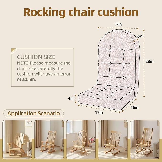 Rocking Chair Cushion - Lola Cotton-Linen Fabric, High-Density Sponge, Durable Comfort Non-Slip Bottom Tufted Seat Pads with Ties, Lola︱Ivory, 44x19x4 inch