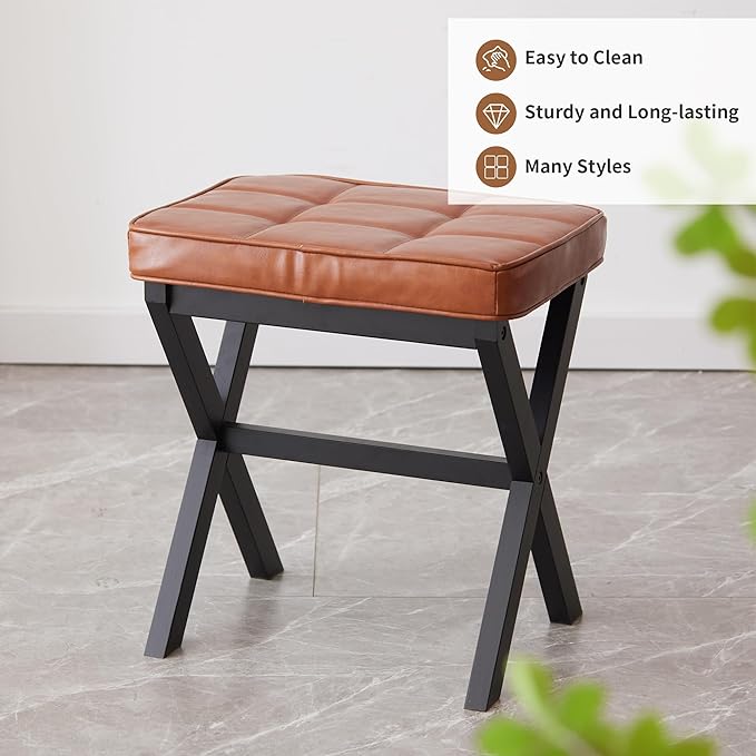 Foot Stool Small Ottoman Foot Rest Padded Foot Stool Desk for Under Office Desk Vanity Stool Bamboo Footstool Sofa Footrest Shoe Stool Small Foot Stools (Black Legs + Reddish Brown)