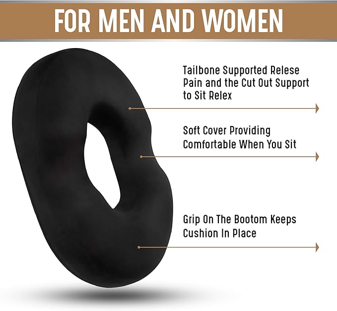 Donut Pillow Seat Cushion Orthopedic Design| Tailbone & Coccyx Memory Foam Pillow | Relieve Pain and Pressure for Hemorrhoid, Pregnancy Post Natal, Surgery, Sciatica (Black)