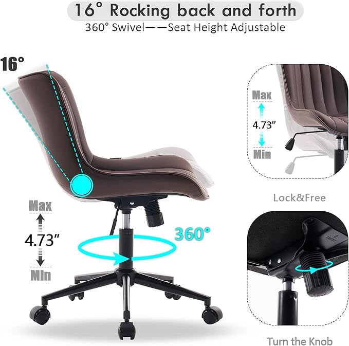 YOUNIKE Ergonomic Home Office Desk Chair with Wheels Comfy Armless Criss Cross Chair with Adjustable Back Modern Leather Upholstered Swivel Vanity Chair Small Cute Rolling Task Chair for Women Brown