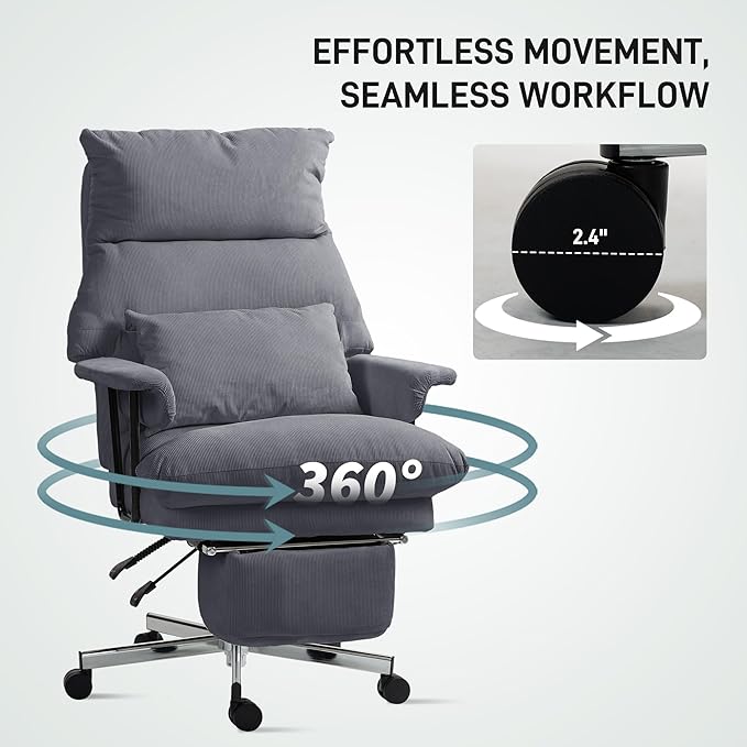 HOMCOM Large Overstuffed Office Chair with Lumbar Support, High Back Reclining Executive Corduroy Computer Desk Chair with Footrest, Swivel Wheels, Gray