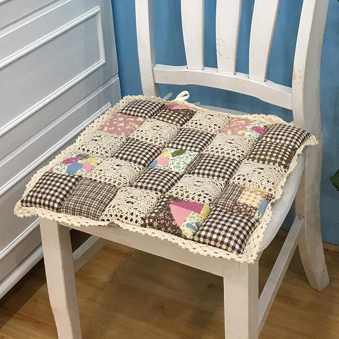 vctops Patchwork Chair Pad with Ties No Slip Lace Trim Chair Cushion Farmhouse Floral Print Kitchen Dining Seat Cushion (511 Coffee, 16"x16")