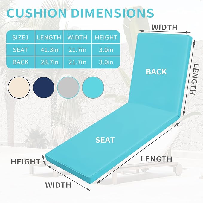Outdoor Chaise Lounge Cushions for Patio, 72"x22"x3" Lounge Chair Cushions Set of 2, Waterproof Replacement Seat Cushions for Outdoor Furniture