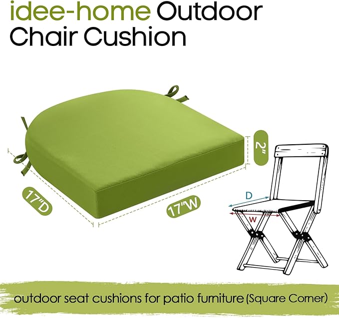 idee-home Outdoor Chair Cushions Set of 2, Thick 17" x 17" Outdoor Seat Cushions Patio Furniture Waterproof with Ties, Dining Pads