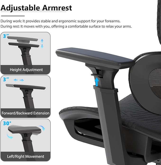 OS MOTOR Ergonomic Mesh Office Chair, Adjustable Headrest, 3D Armrests, Lumbar Support, Tilt Lock Function, Breathable High-Back Desk Chair Computer Chair for Home Office Work, Study, Gaming, Black