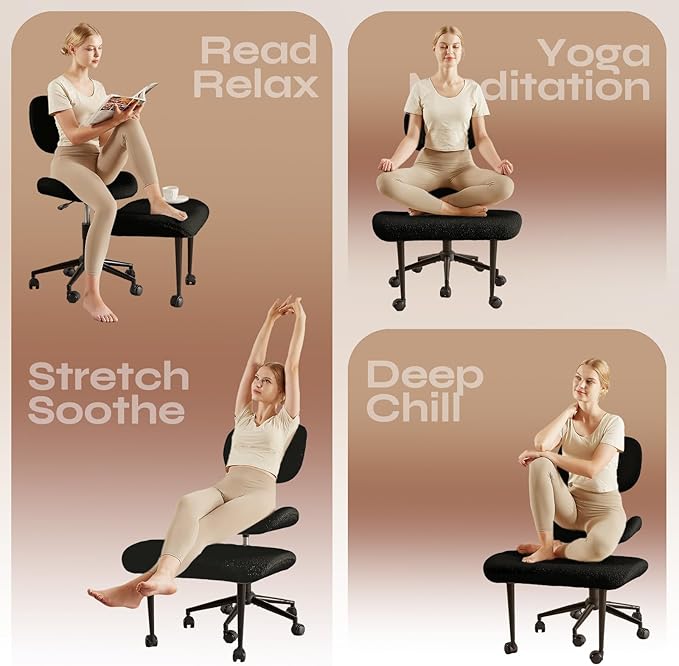 Pinmoco Ergonomic Cross Legged Chair for ADHD, Meditation Chair with 360° Swivel Wheels, Kneeling Office Chair with Back Support, Strong Lumbar Support, Teddy Fabric, Black