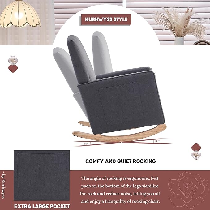 Modern Rocking Chair Nursery, Comfy Glider Nursery Chair with Foot Rest, Upholstered Rocker with Pocket, Accent Reading Armchair with Solid Wood Base for Living Room, Bedroom, Lounge Room (Dark Gray)