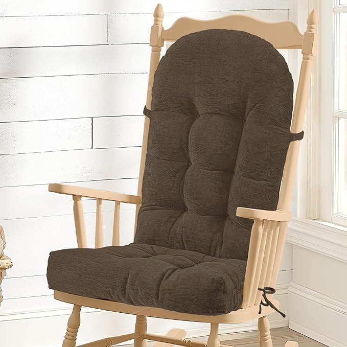 Rocking Chair Cushion - Chenille Fabric, High-Density Sponge, Durable Comfort Double-Sided Tufted Seat Pads with Ties, Chenille︱Dark Brown, 44x19x4 inch