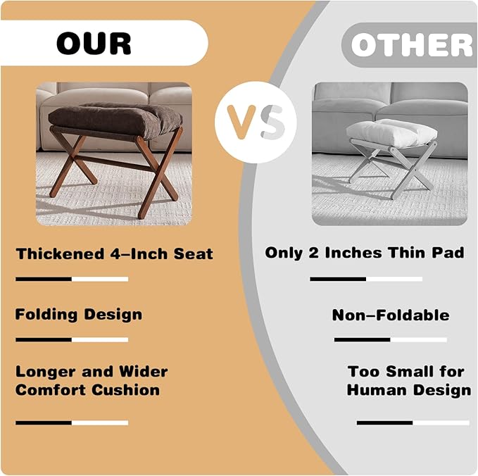 Baveke Ottoman Foot Rest- Bamboo Folding Stool, Foot Stools Small Ottman with Upholstered & X Legs, Foldable Stool for Makeup, Bedroom and Living Room (Large Brown)
