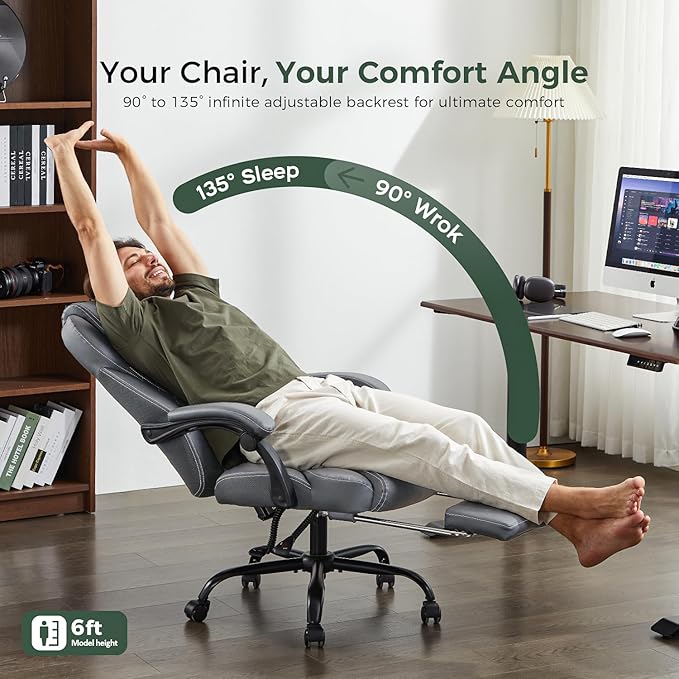 amseatec Office Chair, Big and Tall Office Chair with Foot Rest Ergonomic Chair Home Office Desk Chairs Reclining High Back Leather Chair with Lumbar Support(Gray)