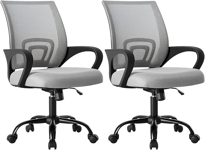 OLIXIS Office Desk Chair - Ergonomic Mid Back with Lumbar Support & Rocking Mode, Height Adjustable with Fixed Armrest, for Home, Computer, Gaming, Conference, Meeting Room, 360° Swivel, Grey, 2 Pack