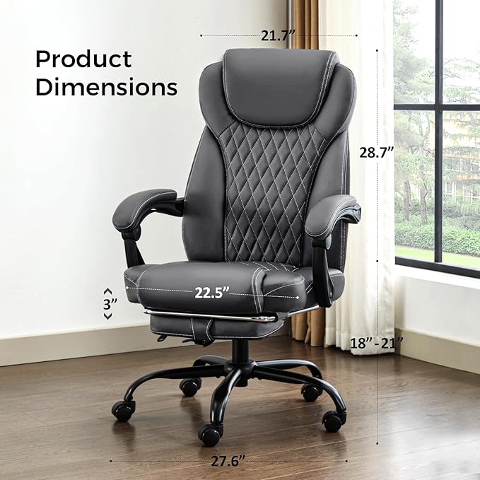 amseatec Office Chair, Big and Tall Office Chair with Foot Rest Ergonomic Chair Home Office Desk Chairs Reclining High Back Leather Chair with Lumbar Support(Gray)