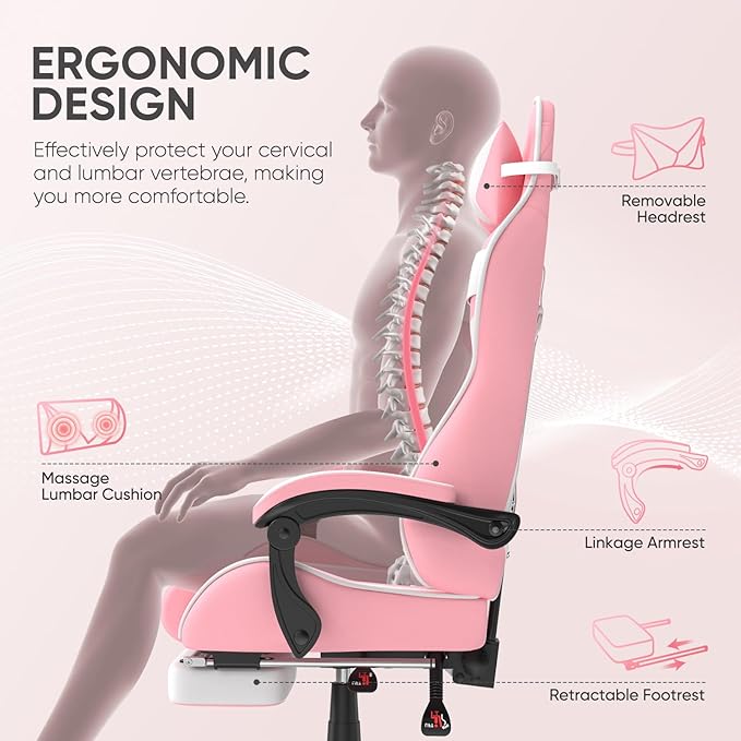 Soontrans Pink Gaming Chairs with Bunny Ears, Footrest,Ergonomic Home Office Desk Pink Chair,Lovely PC Computer Game Chair with Headrest and Lumbar Support Gamer Chair for Girls