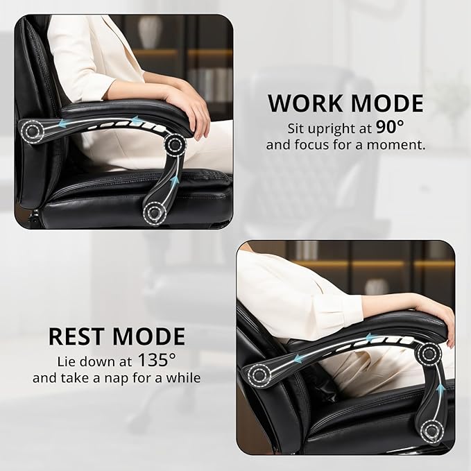 350lbs Big and Tall Executive Office Chair with Footrest, Reclining High Back Leather Desk Chair, Wide Seat with Pocket Spring Lumbar Support and Pillow, Ergonomic Computer Chair for Home Office Black