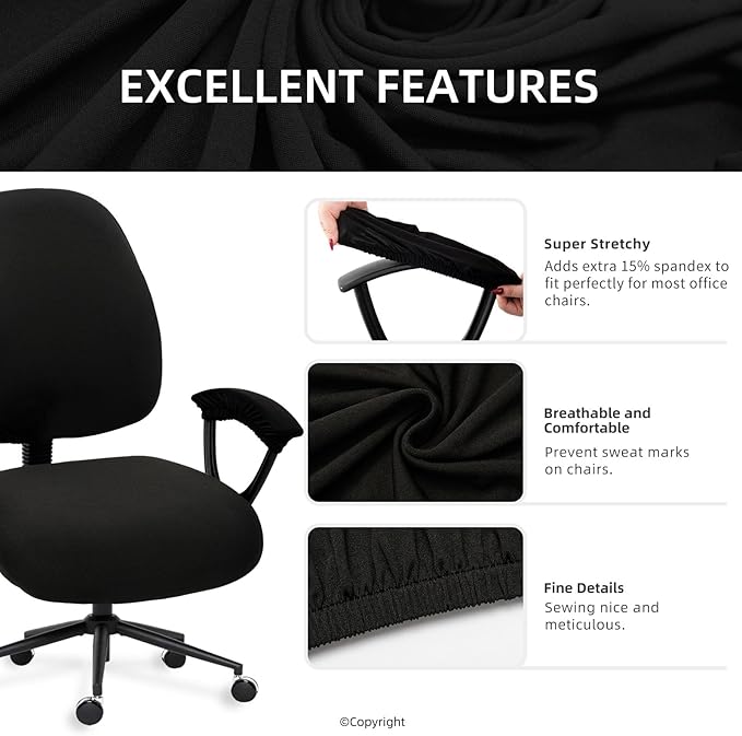 Water-resistant Stretchable Desk Office Chair Seat Covers with Armrest Covers Universal Spandex Computer Chair Slipcover - Rotating Backrest Coverings & Cushion Protectors for Pets, Black