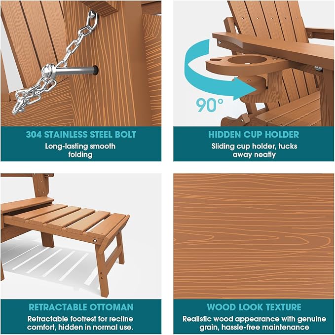 THOEOE Adjustable Adirondack Chair with Retractable Ottoman, HDEP Folding Adirondack Chairs with Footrest 2-in-1 Cup Holder, All Weather Outoor Fire Pit Chair with Foot Rest Set 4 Wood