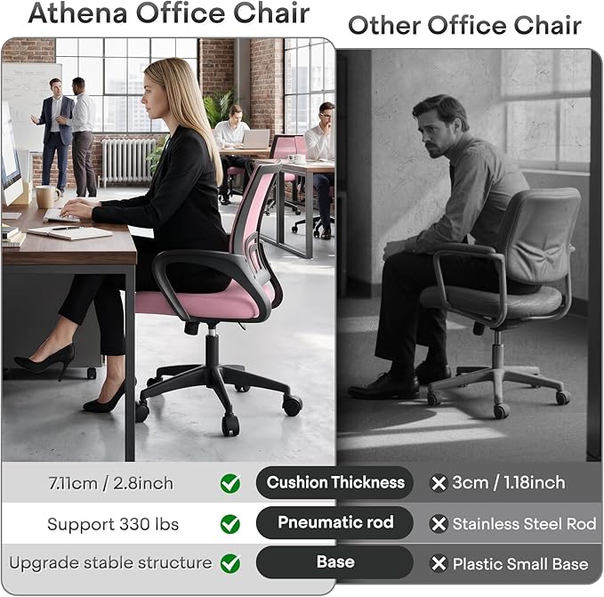 Athena Collection Office Chair - 330Lbs, Breathable Mesh Desk Chair Thickness Cushion with Lumbar Support & Armrest, Rolling Swivel Adjustable Tilt Lock for Home Office/Gaming, Bedroom Study