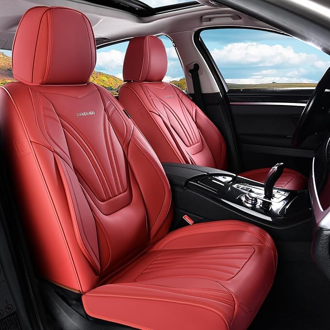 Coverado Car Seat Covers Front Seats, 2 Piece Car Seat Protector with Lumbar Support & Removable Headrest, Breathable Leather Seat Cushion Universal Fit for Truck Automotive Vehicles Red