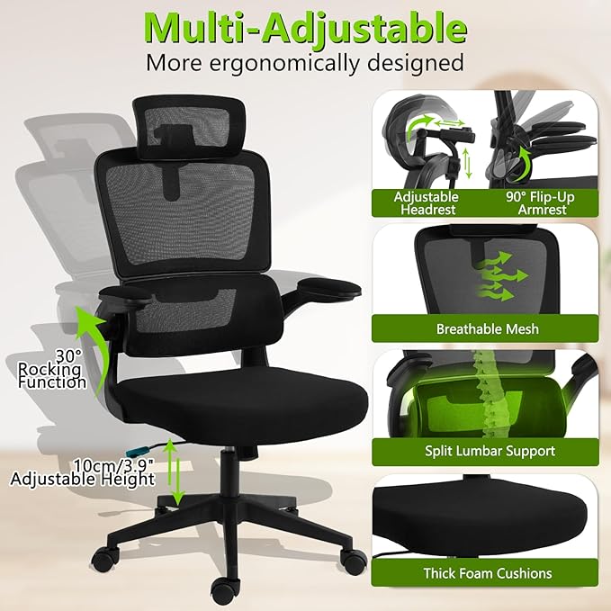 Redragon Ergonomic Office Chair, High Mesh Back Home Desk Chair with Adjustable Headrest, Flip-Up Arms, 90-120° Tilt Rocking and Wide Cushion, Big and Tall Chairs for Man Woman, Black