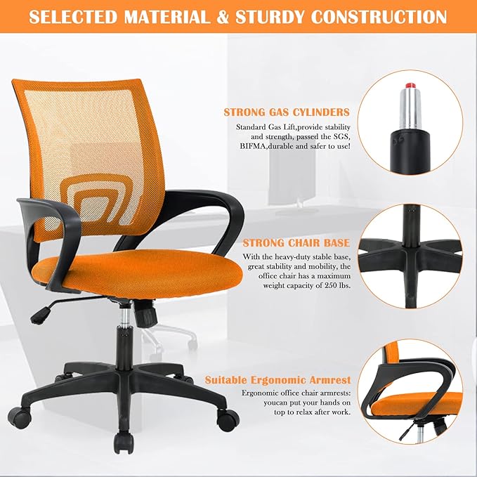 Office Chair, Desk Chair with Lumbar Support Arms, Adjustable Computer Chair with Breathable Mesh Backrest, Home Office Desk Chairs for Student, Adults, Study, Dorm, Comfortable Office Chair(Orange)