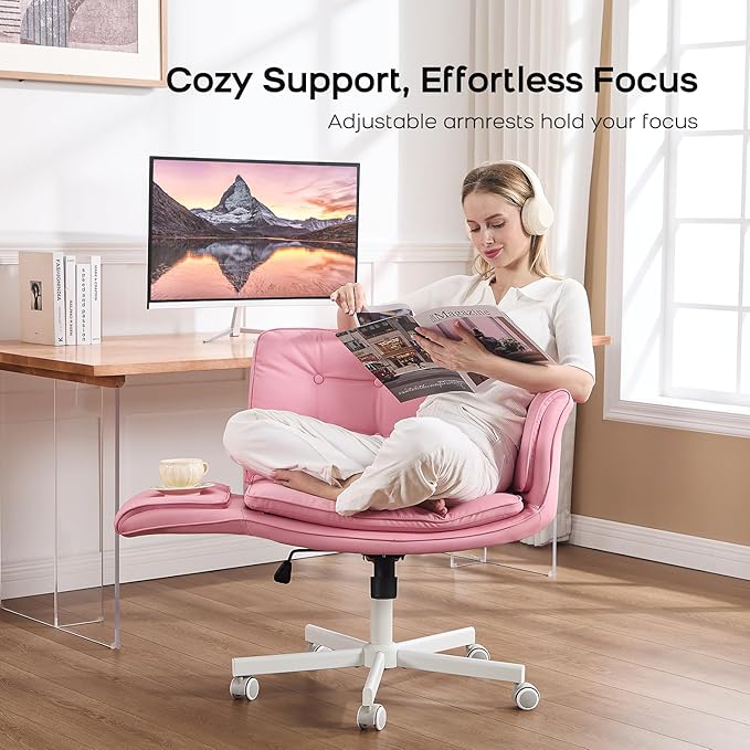 amseatec Criss Cross Office Chair, PU Leather Vanity Chair with 5-Level Adjustable Armrests & Swivel, Ergonomic Criss Cross Chair for Home Office Bedroom Makeup（Pink）