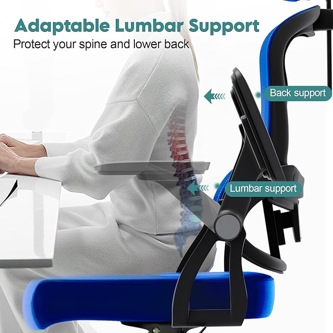 350 LBS Ergonomic Office Computer Mesh Chair - Adjustable Height Rolling Desk Chair with Flip-Up Armrests & High Back Support - Comfortable Swivel Task Chair for Home Office (01BLUE)