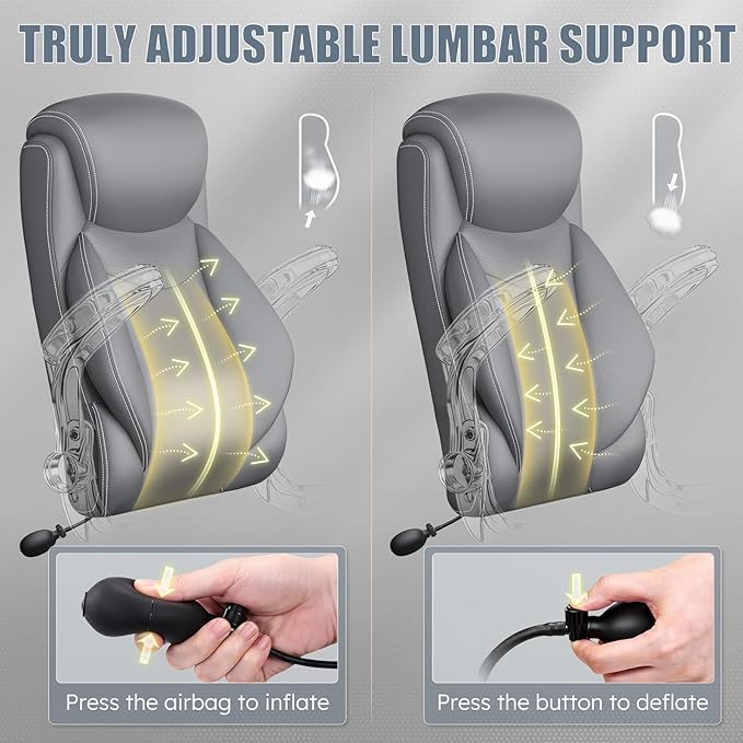 Ergonomic Office Chair, Home Desk Computer Chair, High Back Executive Chair，Padded Leather Ergonomic Computer Desk Chair with Inflatable Lumbar Support & Flip-Up Arms, Swivel Chair,Gray 2 Pack