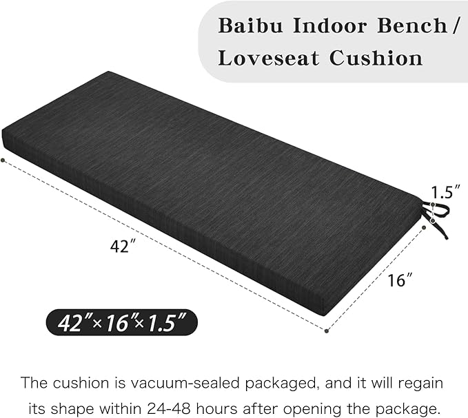 baibu 42 Inch Classic Solid Color Bench Cushion with Ties, Non-Slip Indoor Outdoor Rectangle Bench Seat Cushion Standard Size Foam Pad with Machine Washable Cover (Black, 42x16x1.5in)