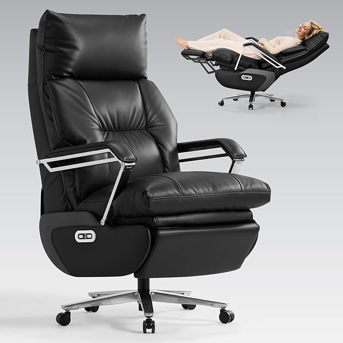 OKUP® M80 Dual Motor Electric Executive Office Chair with Footrest, Comfortable Reclining Office Chair Wide Seat, Big and Tall Ergonomic Leather Home Office Desk Chair (Black,No Massage)