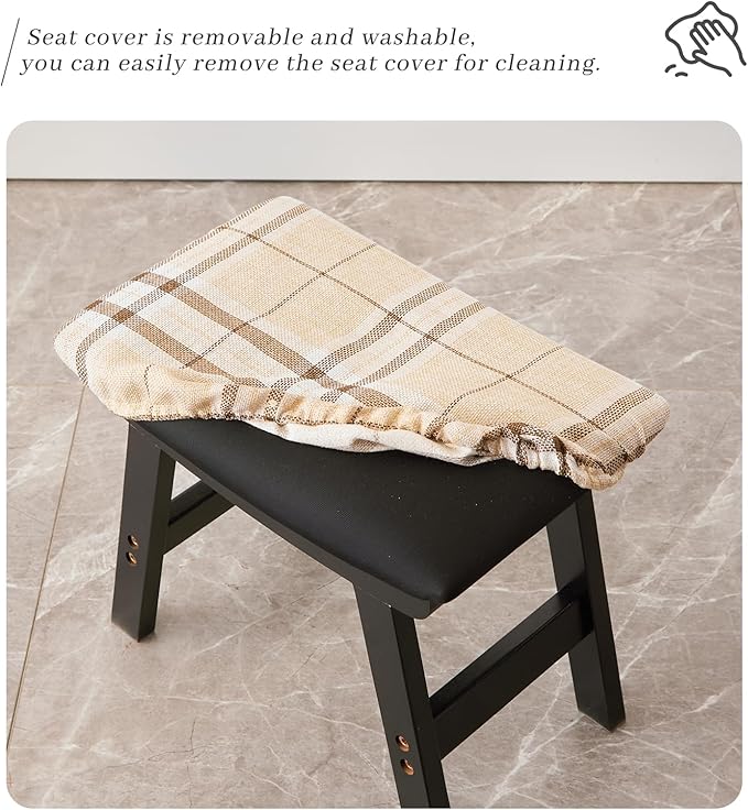 Kitsanery Foot Stool,Ottoman,Bamboo Small Sofa Foot Rest Under Desk,Extra Seating for Living Room, Bedroom and Kitchen (Black Stool Legs - Stripes Surface)