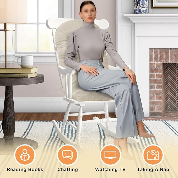 Rocking Chair Cushion - Soft Chenille Fabric Seat Pad with Tufted Design, Non-Slip Bottom and Secure Ties, for Nursery Glider, Adirondack and Indoor Rocker Chair, 44x19x4 Inch, Oyster White