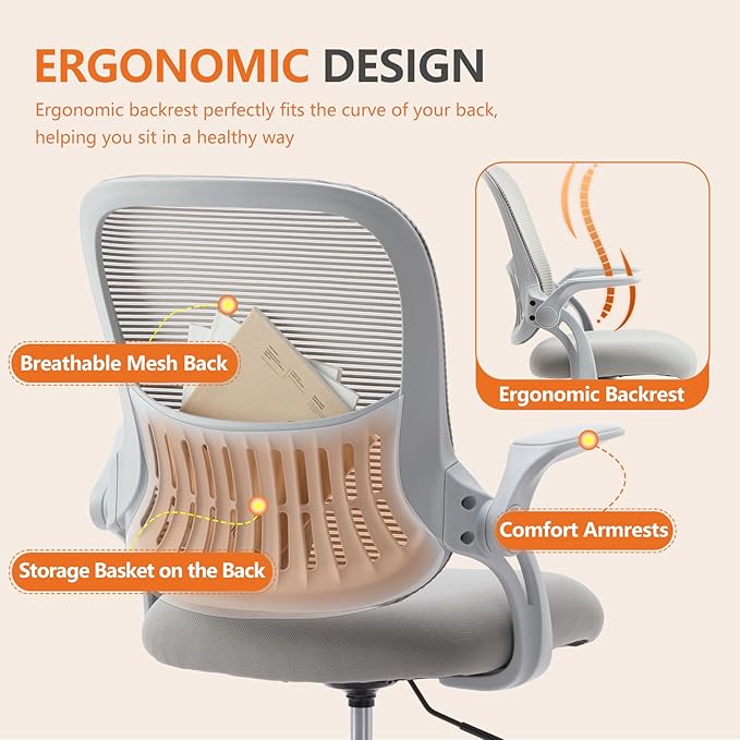 Sweetcrispy Tall Drafting Office Desk Chair - Ergonomic High Stool Computer Chair with Adjustable Height and Comfy Lumbar Support, Rolling Counter Height Chairwith Flip-up Arm and Footrest, Grey