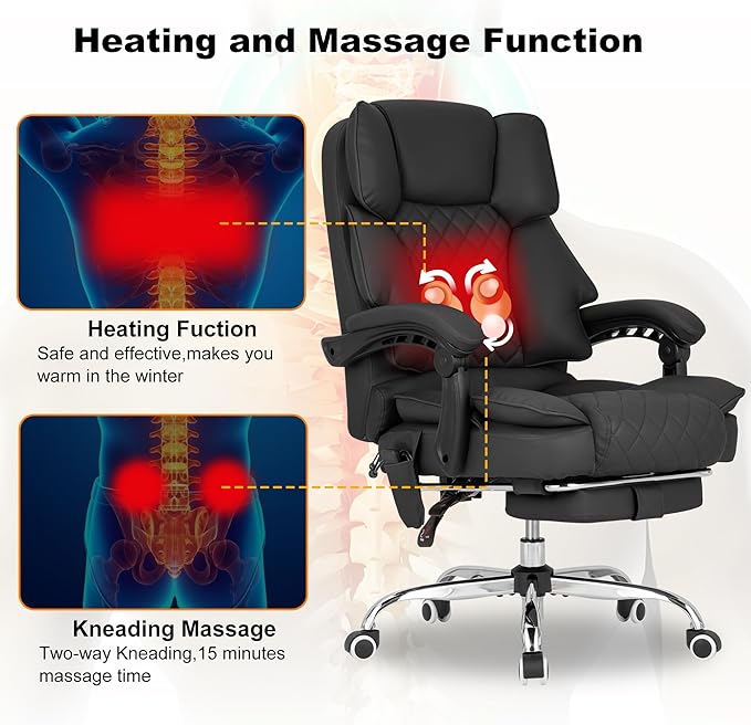 Kneading Massage Office Chair with Heated,90-135° Reclining Executive Office Chair with Footrest,Computer Desk Chair with Wheels,Diamond-Stitched Cushion Leather Office Chair (Black)