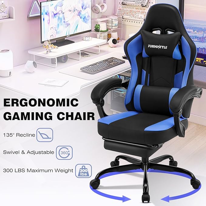 Gaming Chair with Footrest, Comfy Video Game Chairs for Adults Boys with Adjustable Lumbar Support, Linkage Armrests, Reclining Ergonomic Computer Chair for Gaming Office, 360°Swivel, Blue