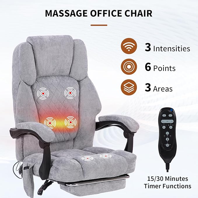 Massage Office Chair with Foot Rest,High Back & Heat 6 Vibration Points, Executive Desk Chair,Big and Tall Office Chair 400lbs, Comfortable Ergonomic Reclining Managerial Chair, Grey