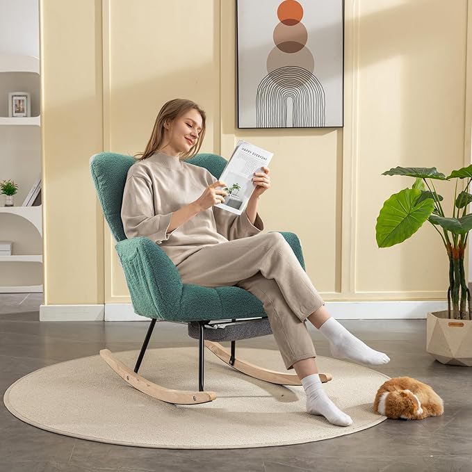 FOXHUNTER Rocking Chair Nursery with Foot Rest, Teddy Glider Rocking Chair for Nursery Upholstered Rocker Recliner Chair, Comfy Armchair with Adjustable Footrest for Living Room Bedroom, Green Teddy