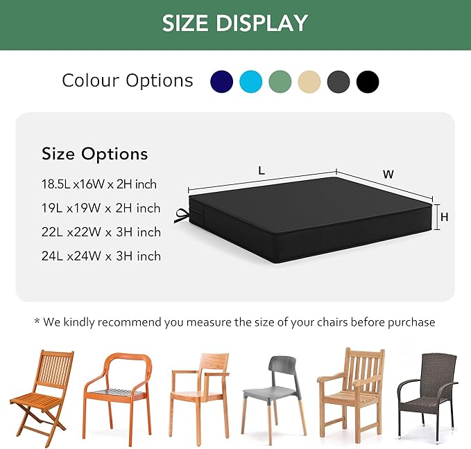 Outdoor Chair Cushions Set of 4: Waterproof & Fade Resistant Seat Cushion for Patio Furniture - 19 x 19 x 2 Inch Chair Pads with Ties and Hidden Zipper - Patio Chair Cushion Replacement, Black