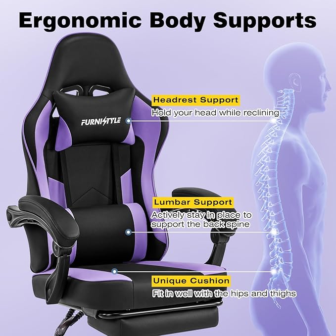 Gaming Chair, Purple Gaming Chairs for Adults Teens, High-Back Ergonomic Computer Chair with Extended Footrest, Removable Headrest & Lumbar Support, Wide PU Leather Reclining Desk Chair