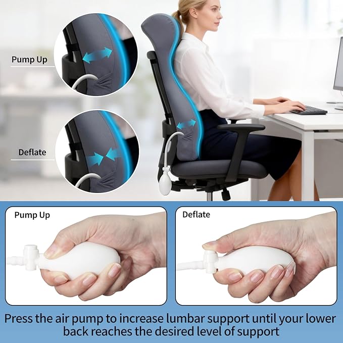 27.7'' Adjustable Inflatable High Lumbar Support Pillow for Office Chair, Full Back Support Pillow for Lower Back Pain Relief, Memory Foam Lumbar Cushion for Gaming Chair, Sofa, Improves Posture