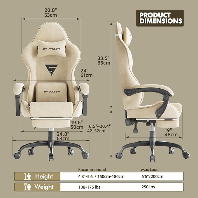 Ferghana Velvet Fabric Ergonomic Gaming Chair with Footrest and Massage, High Back Reclining Computer Gamer Chair for Adult, Racing Style PC Video Game Chair Suitable for Home Office (Beige)