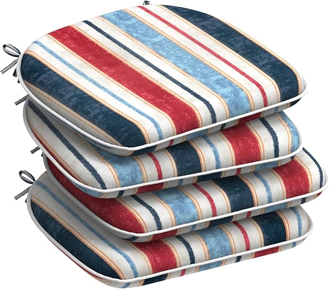 DYTXIII Set of 4 Outdoor Chair Cushions with Ties,Water Repellent Patio Chair Pads 17"x 16" for Outdoor Furniture,Round Corner Seat Cushions for Garden Yard Kitchen Stripe Red Blue