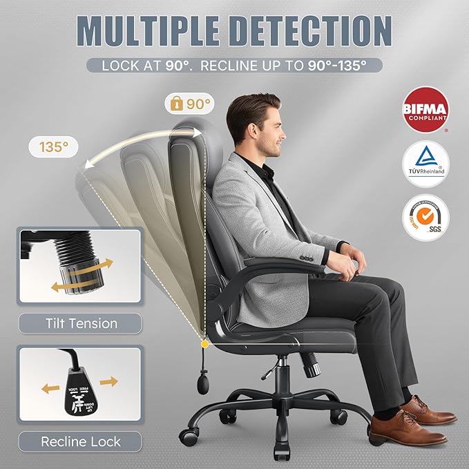 Ergonomic Office Chair, Home Desk Computer Chair, High Back Executive Chair，Padded Leather Ergonomic Computer Desk Chair with Inflatable Lumbar Support & Flip-Up Arms, Swivel Chair,Gray