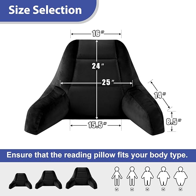 IASEAHK Reading Pillows for Sitting in Bed Adult, Back Pillow for Bed Sitting Up, Backrest Pillows with Shredded Foam for Adult&Teens, Support Pillow with Arms for Beds, Couch, Floor, 24in, Black