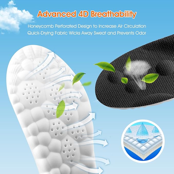 4D Cloud-Like Comfort Soles for Men - Soft Memory Foam Cushioning Insoles - Trim to Fit Steppers Insoles with Arch Support for Foot Pain Relief and Fatigue Reduction (Black, US M 8-11.5)