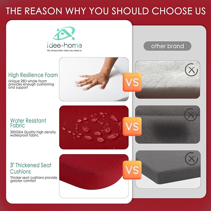idee-home Outdoor Chair Cushions Set of 2, 19" x 19" Thick D-Shaped Patio Furniture Outdoor Seat Cushions Waterproof with Ties, Dining Pads