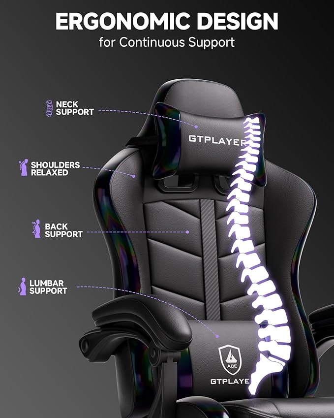 GTPLAYER Gaming Chair for Adults, Ergonomic Computer Gaming Chair with Footrest, Height Adjustable, 90-155° Recline & Removable Headrest Lumbar Support, Colorful Black