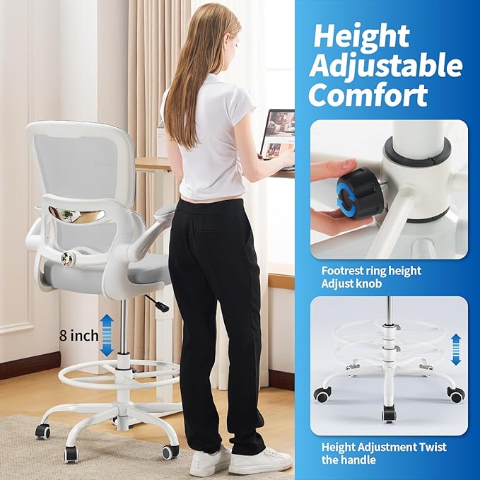 TRALT Drafting Chair - Tall Office Chair with Adjustable Footrest Ring and Lumbar Support Ergonomic Tall Desk Chair - Mesh Stangding Desk Chair with Flip-Up Armrests for Home and Work (Grey)
