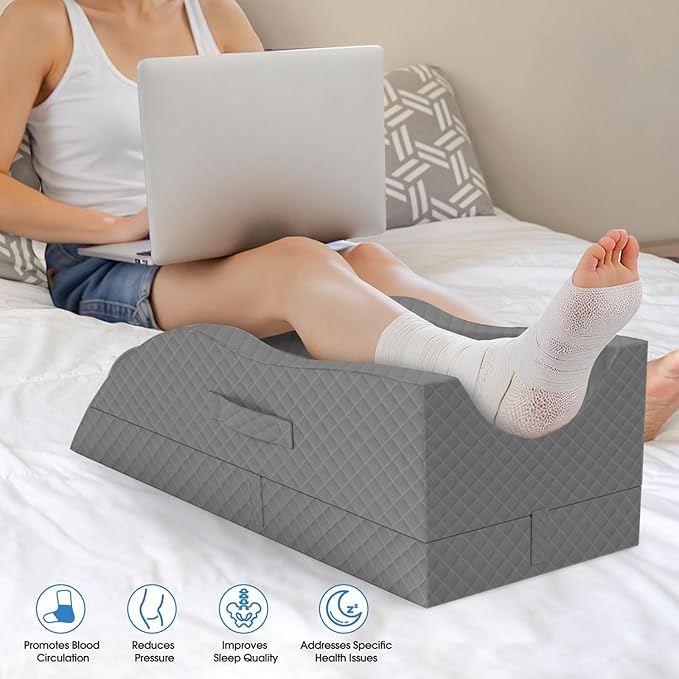 TranquilRelax Elevation Pillows for Leg After Surgery, Memory Foam Adjustable Wedge Pillow for Injury or Rest, Ankle Pillow for Sleeping Blood Circulation Full Grey/Single Leg