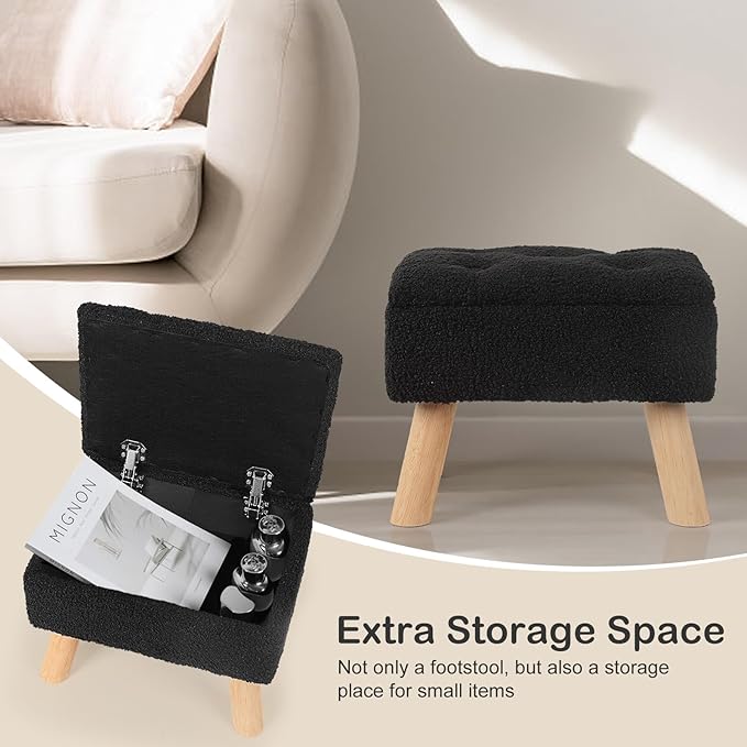 OGEMXU Storage Ottoman, Small Foot Stool Ottoman with Storage, Boucle Teddy Velvet Foot Rest with Padded Seat, Sturdy Wood Legs Stool for Living Room, Bedroom, Couch, Enterway (Black)