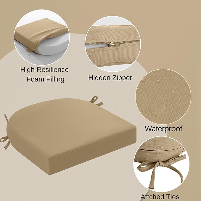 idee-home Outdoor Chair Cushions Set of 4, Thick 17" x 17" Outdoor Seat Cushions Patio Furniture Waterproof with Ties, Dining Pads